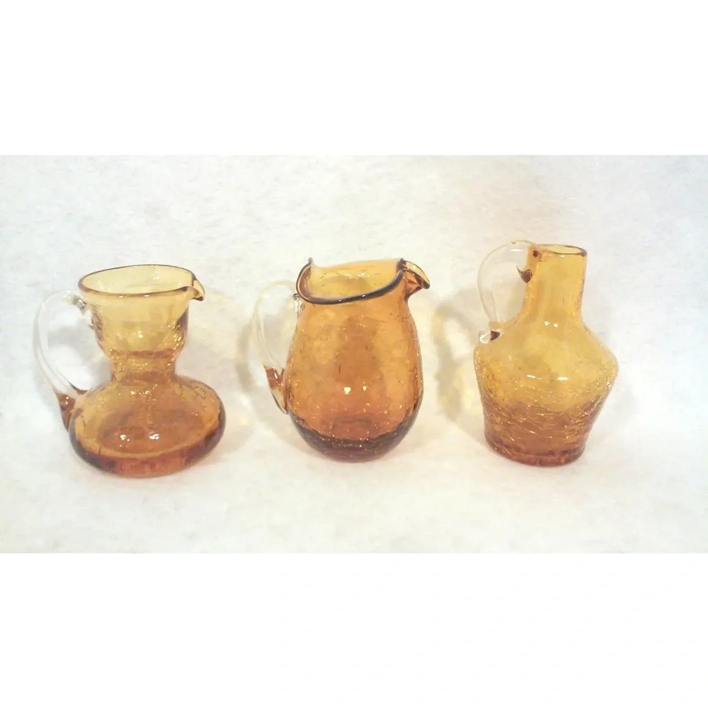 Set of Three Vintage Blenko Miniature Amber Crackle Glass Vase Pitchers